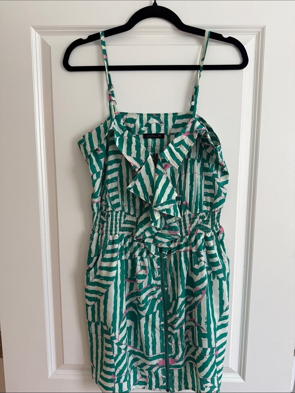 Cals Green and White Striped Ruffled Mini Dress